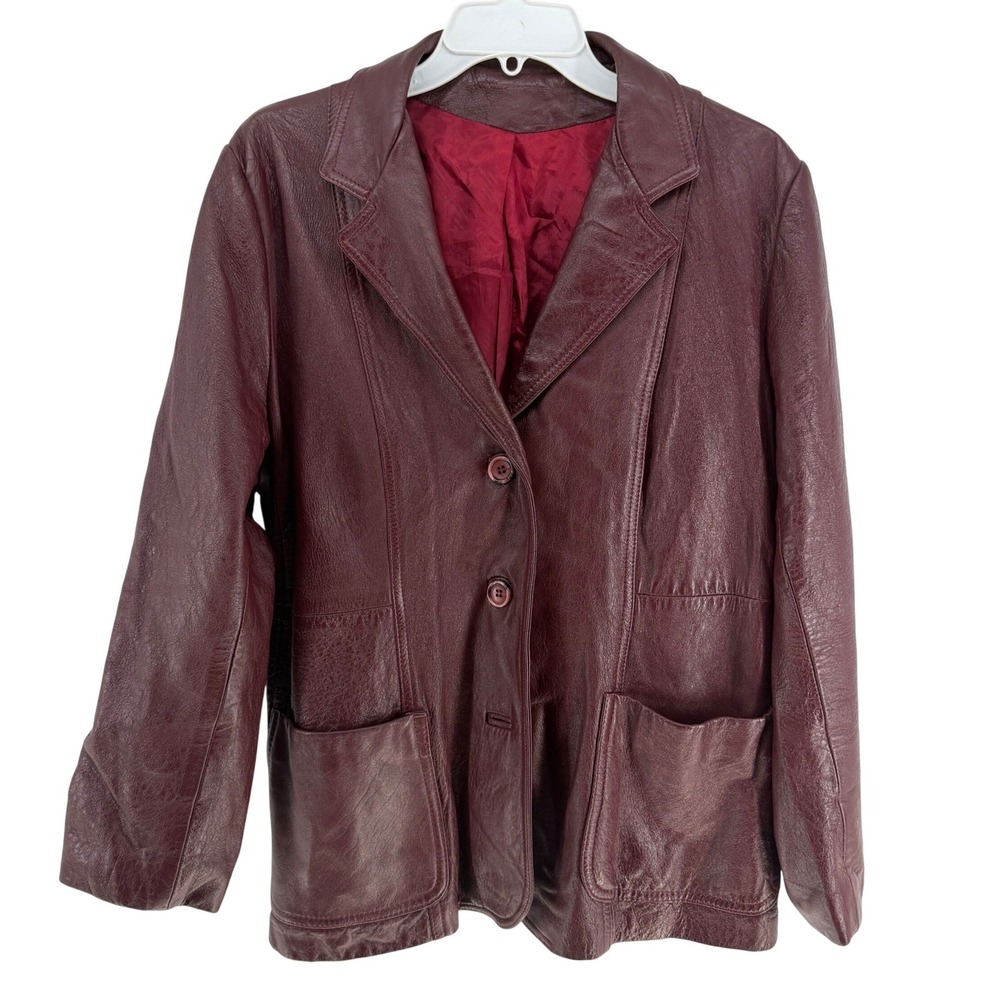 Vintage Leather Blazer Jacket Women Large Burgundy Wine 90s Dark Academia Grunge